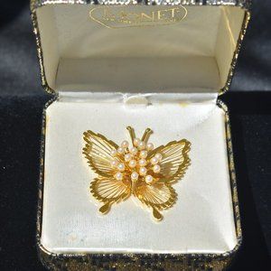 Vintage Monet Pin Gold Tone Butterfly Brooch with Faux Pearls Jewelry Womens 3D
